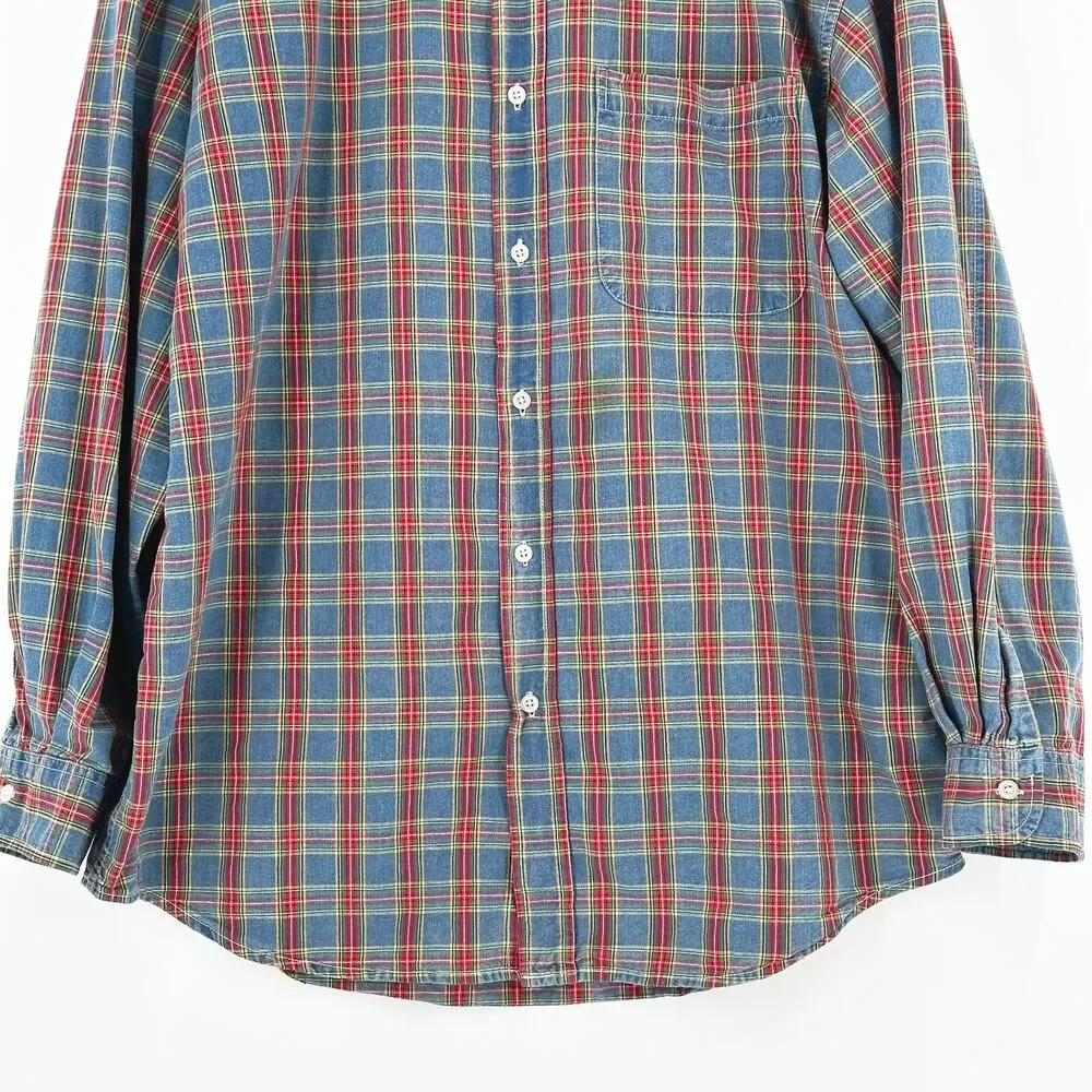 VTG 90s Banana Republic Mens Plaid Button Up Denim Shirt XL Preppy‎ Outdoors Y2K